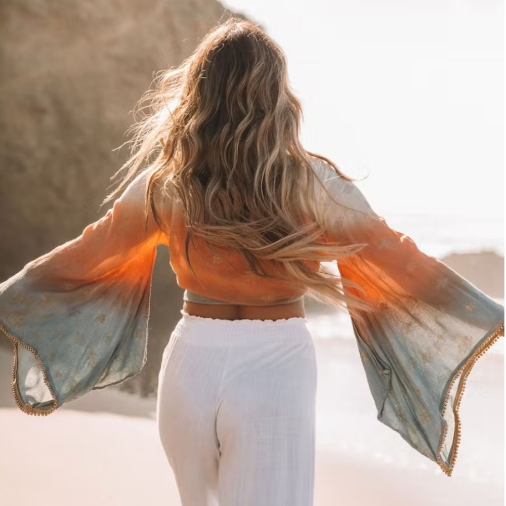 BOHEMIAN OMBRE BEADED TIE FRONT CROP TOP - Picture 3 of 3